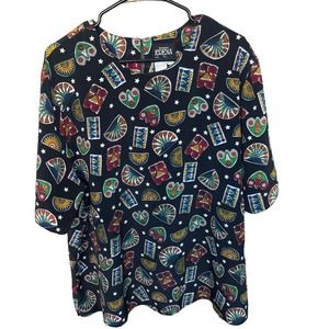 Vintage Erena Blouse Womens Plus‎ Size 18W Black Peacock Short Sleeve Multicolor